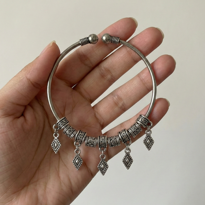 Vintage Tribal Silver Adjustable Cuff Bracelet with Geometric Charms - Boho Ethnic Kada for Women