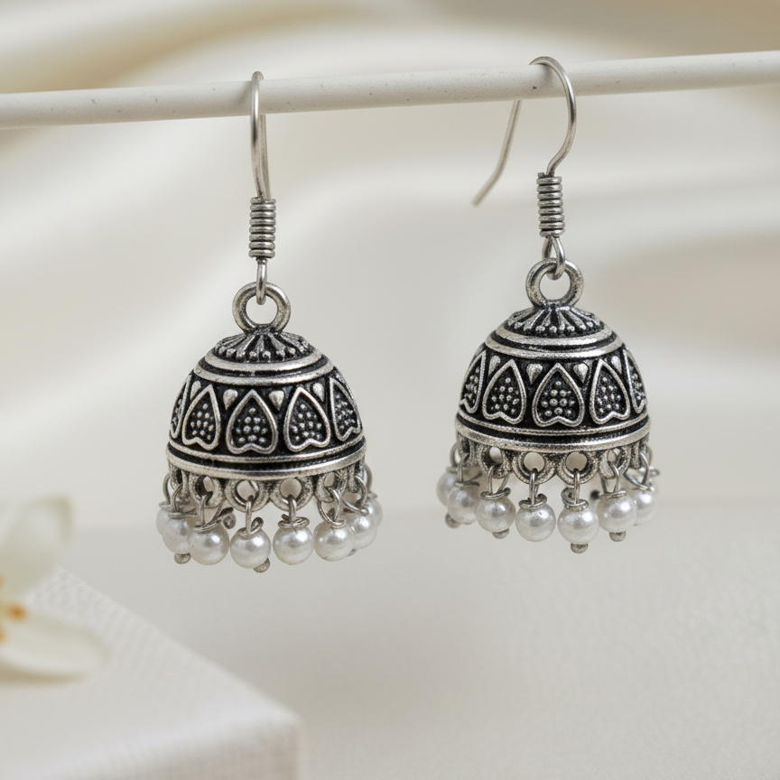 Traditional Oxidized Silver Jhumka Earrings with Pearl Drop