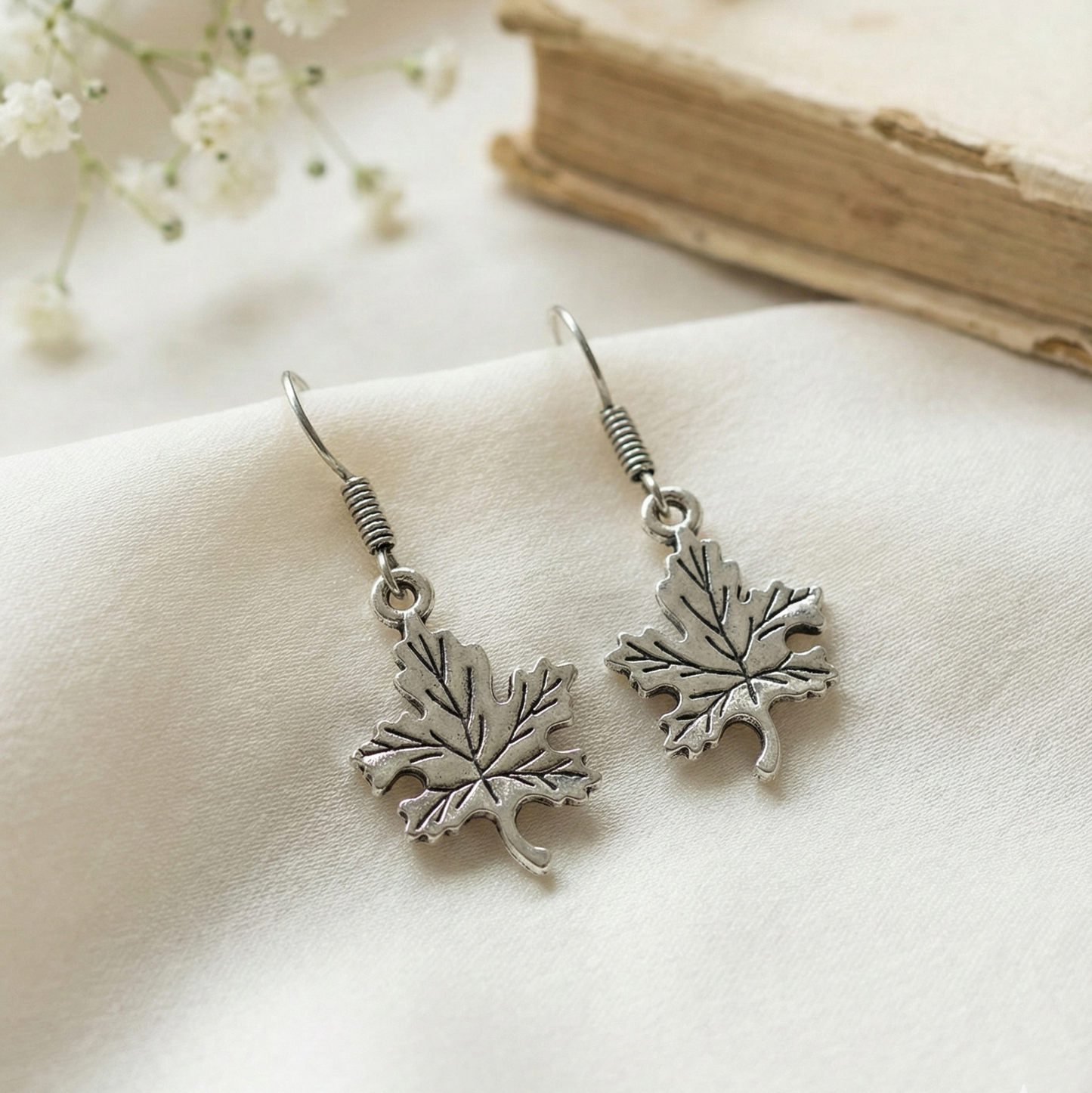 Oxidized Silver Leaf Dangle Earrings | Filigree Insect Drop Jewelry