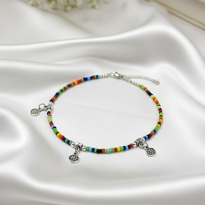 Boho Rainbow Adjustable Anklet with Silver Charm Dangles