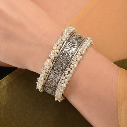 Oxidized Silver Kada with Pearl  Unique Pearl Work - Traditional Indian Bangle Bracelet