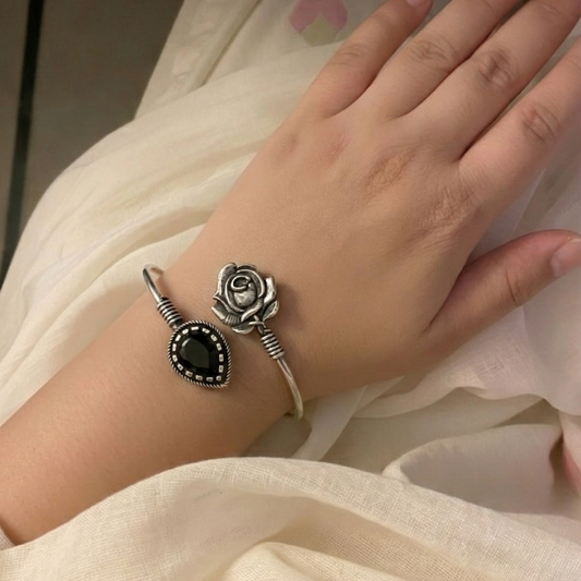 Oxidised Silver Rose Flower Bracelet with Monalisa Stone