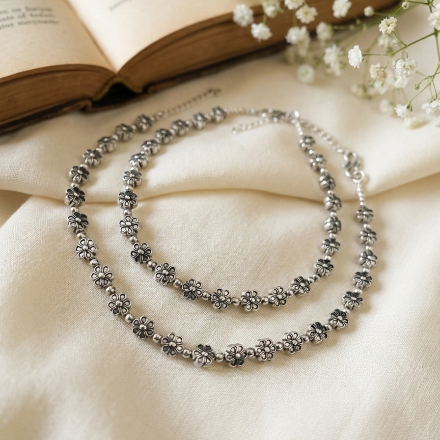 Delicate Oxidized Silver Flower Chain Anklet | Minimalist Daisy Charm Payal