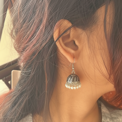 Oxidized Silver Mini Jhumka Earrings with Pearls
