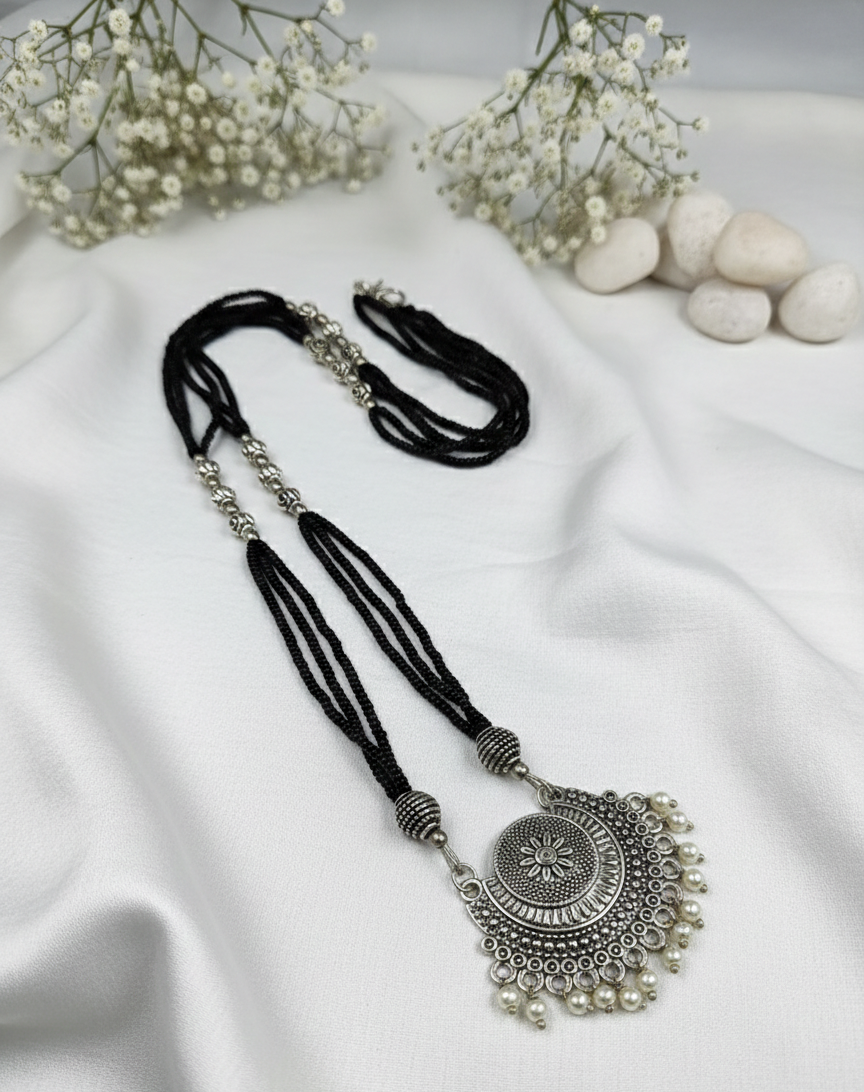 Oxidized Silver Black Bead Necklace | Tribal Crescent Pendant Jewelry