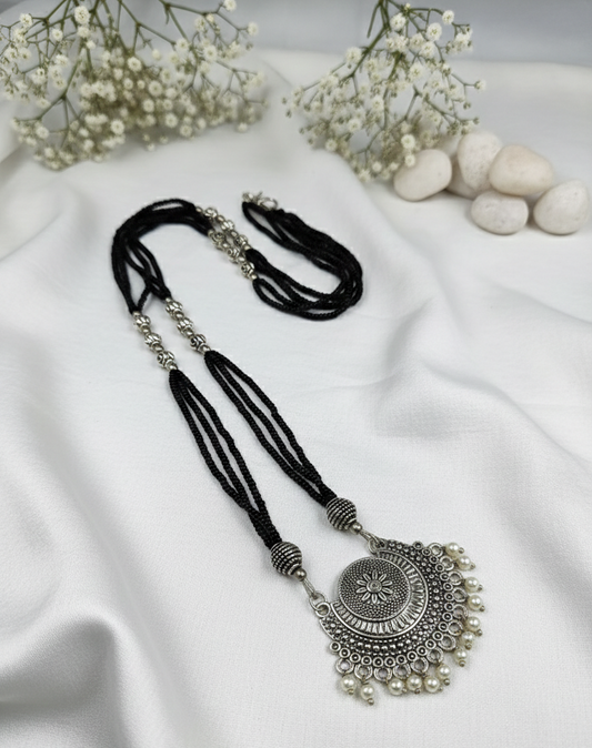 Oxidized Silver Black Bead Necklace | Tribal Crescent Pendant Jewelry