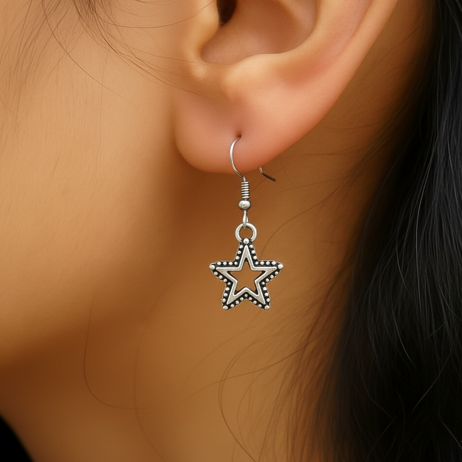 Oxidized Silver Star Dangle Earrings