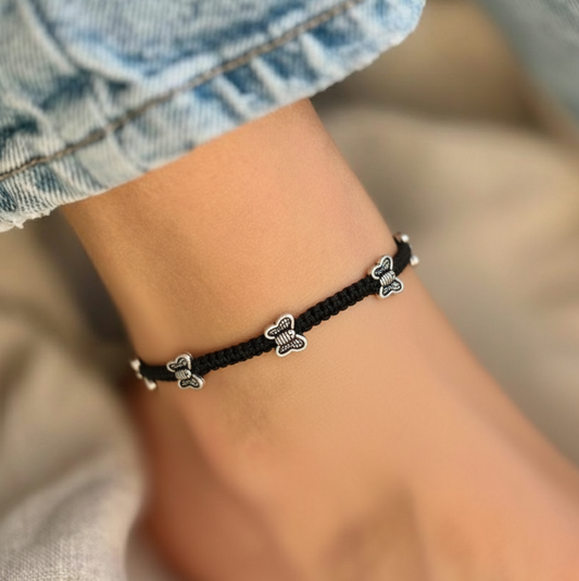 Delicate Black Thread Butterfly Charm Anklet - Adjustable