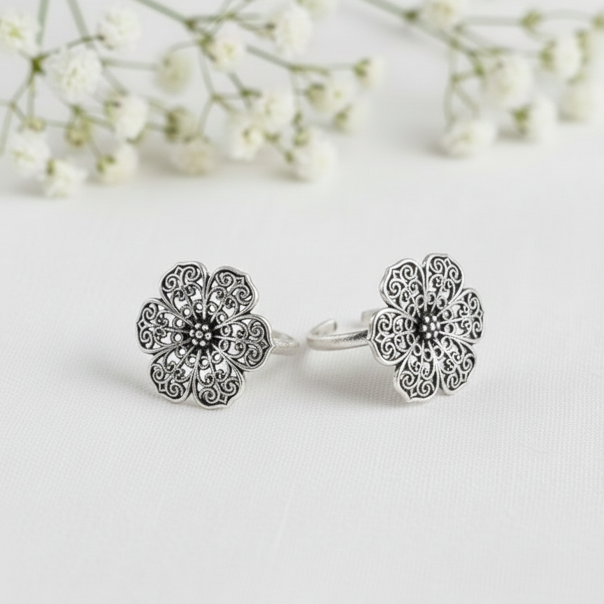 Antique Oxidized Flower Toe Rings - Handcrafted Pair