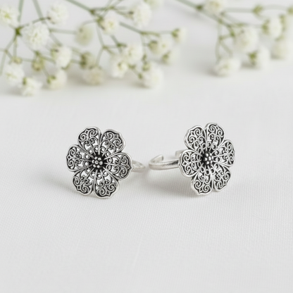 Antique Oxidized Flower Toe Rings - Handcrafted Pair
