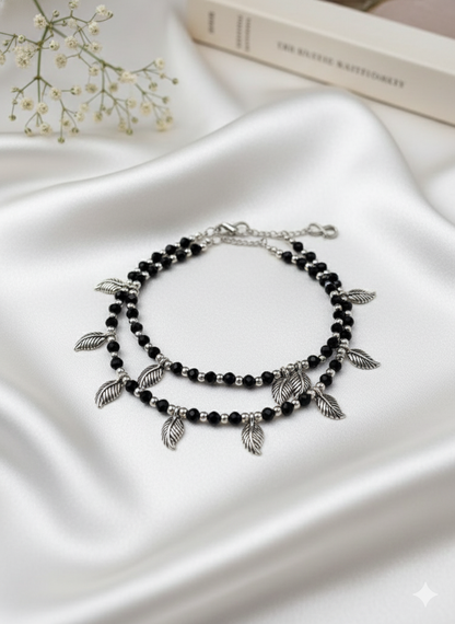 Black Crystal Beaded Adjustable Anklets (Pair) with Silver-Tone Leaf Charms