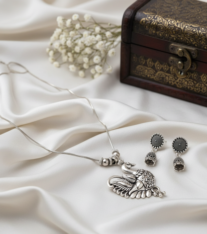 Oxidized Silver Peacock Pendant Necklace & Jhumka Earring Set