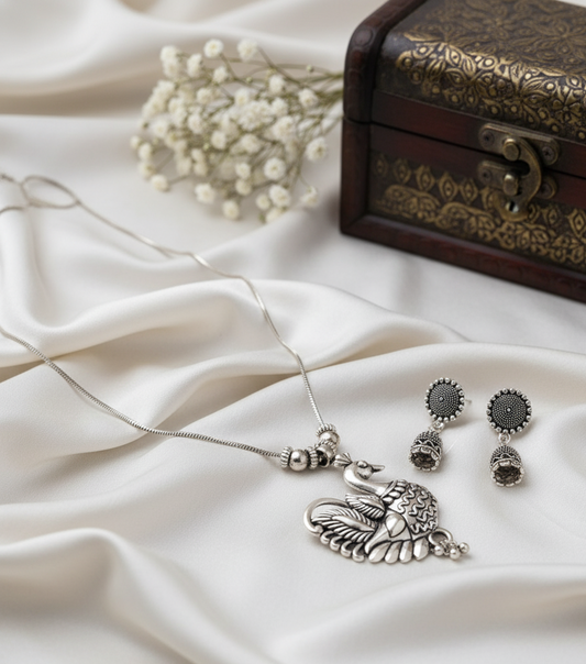 Oxidized Silver Peacock Pendant Necklace & Jhumka Earring Set