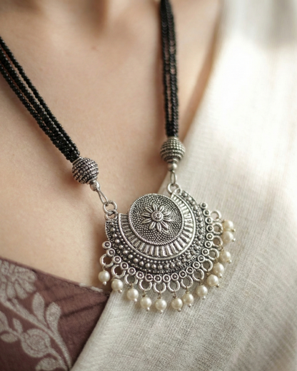 Oxidized Silver Black Bead Necklace | Tribal Crescent Pendant Jewelry