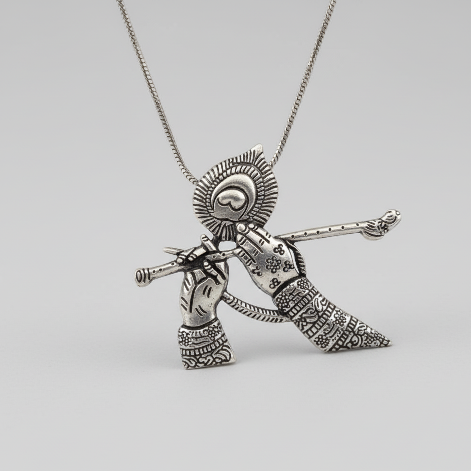 Oxidized Silver Lord Krishna Flute Pendant Necklace | Divine Flute Hands