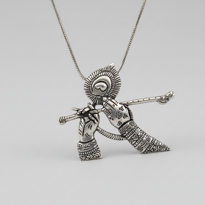 Oxidized Silver Lord Krishna Flute Pendant Necklace | Divine Flute Hands
