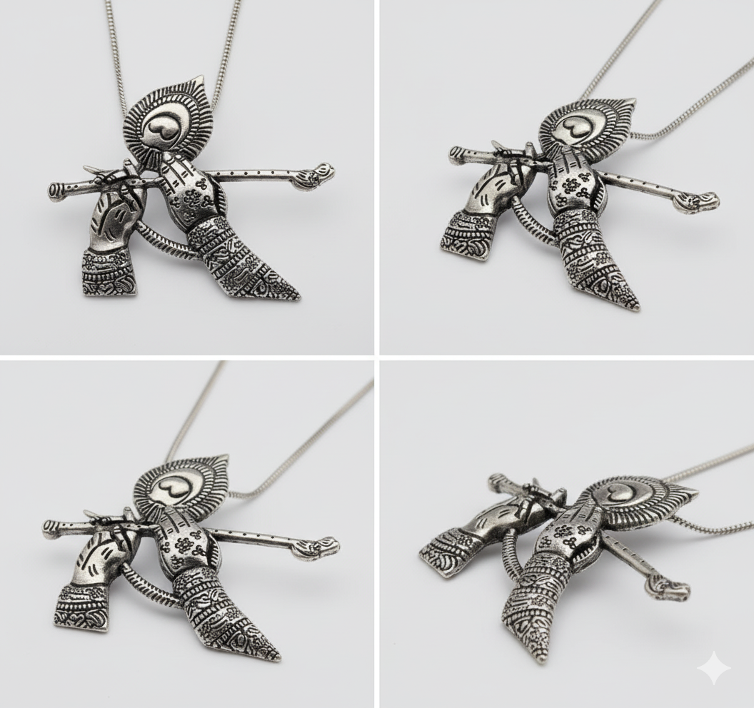 Oxidized Silver Lord Krishna Flute Pendant Necklace | Divine Flute Hands
