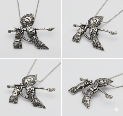 Oxidized Silver Lord Krishna Flute Pendant Necklace | Divine Flute Hands