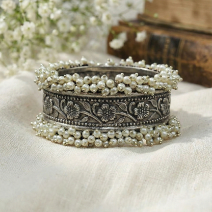 Oxidized Silver Kada with Pearl  Unique Pearl Work - Traditional Indian Bangle Bracelet