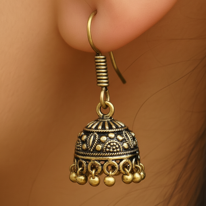Antique Gold Toned Mini Jhumka Earrings - Traditional Indian Ethnic Dangler with Ghungroo Bells