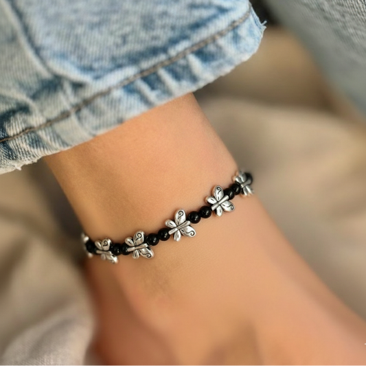 Adjustable Black Beaded Butterfly Anklet for Women - Dainty Silver Charm
