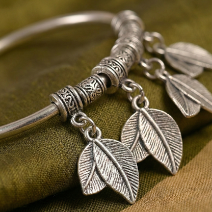 Oxidized Silver Leaf Charm Cuff Bracelet - Adjustable