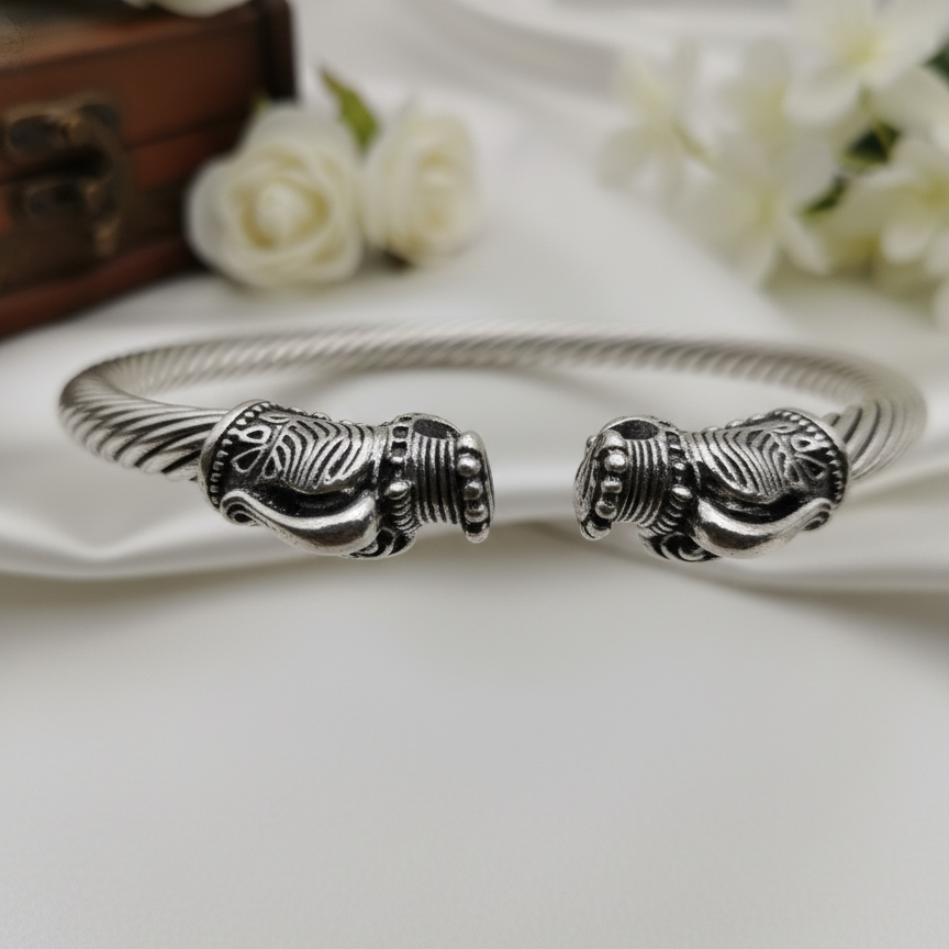 Adjustable Double Dragon Hend Bangle - German Silver Kada