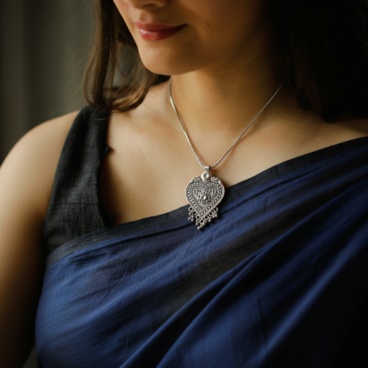 Oxidized Silver Heart Pendant Necklace | Intricate Tribal Dangle Charm