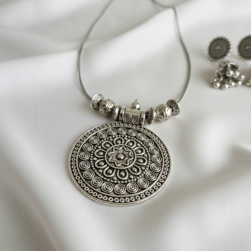 Oxidized Silver Mandala Pendant Necklace & Jhumka Earrings Set