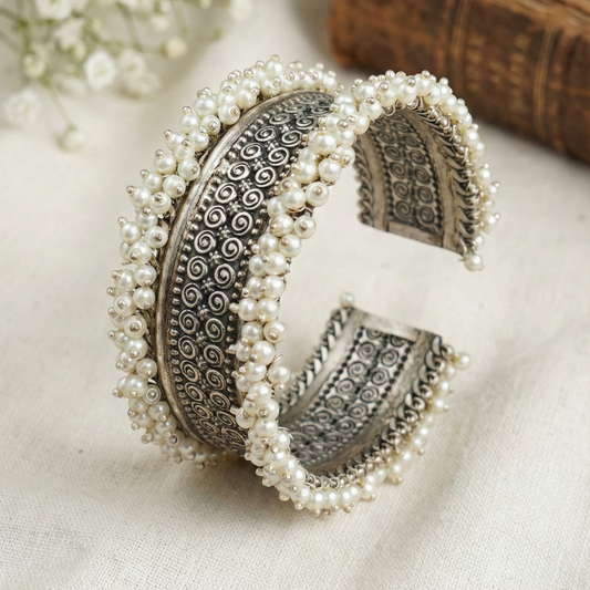 Stunning Oxidized Silver & Pearl Statement Bangle