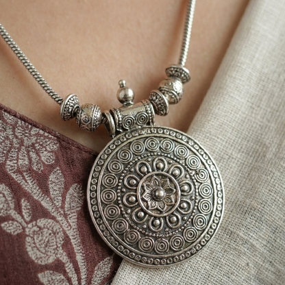 Oxidized Silver Mandala Pendant Necklace & Jhumka Earrings Set