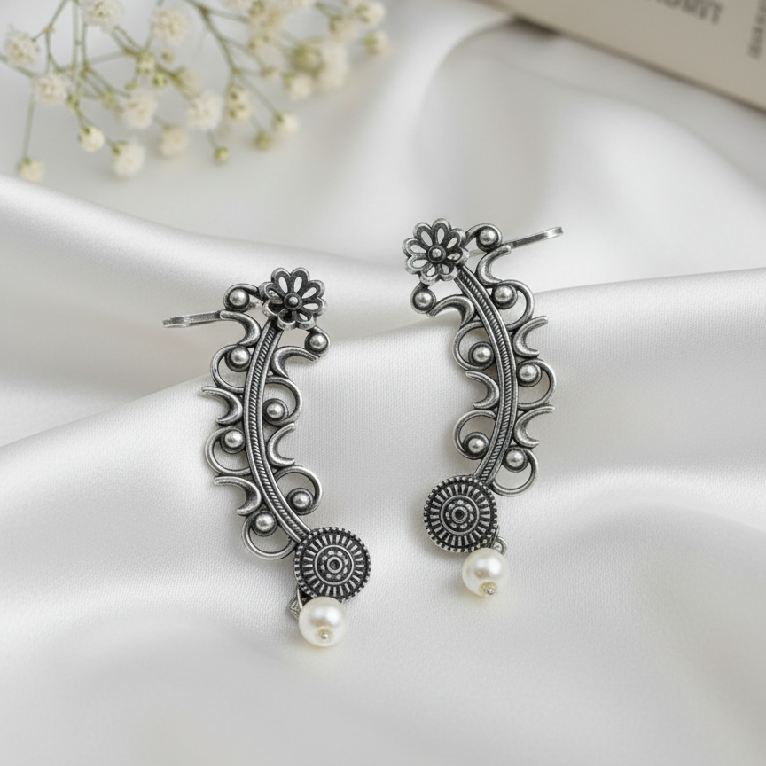 Oxidized Silver Floral Vine Ear Climber Earrings with Pearl Drop