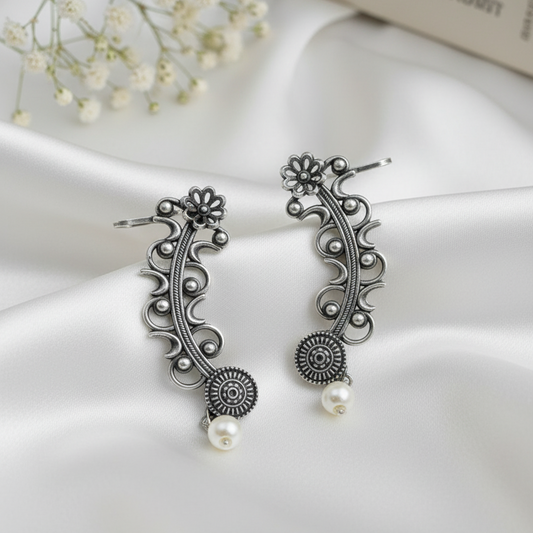 Oxidized Silver Floral Vine Ear Climber Earrings with Pearl Drop