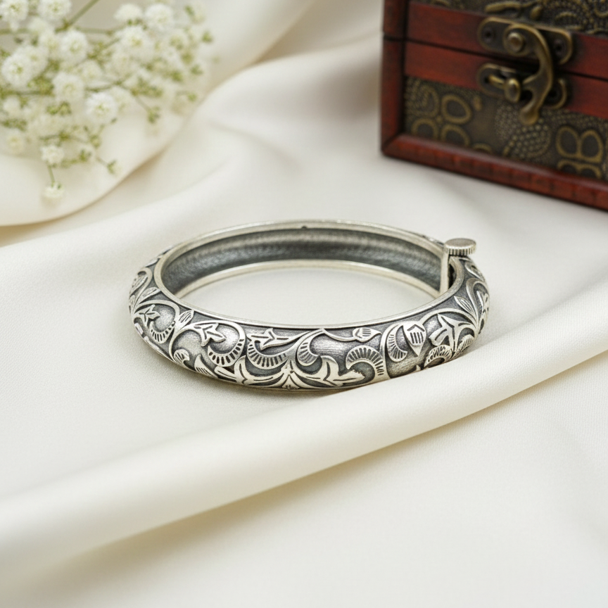 Oxidized Openable Floral Art Bangle | Ethnic Etched Bangle Kada
