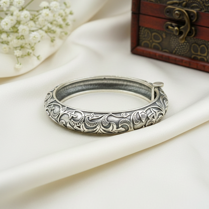 Oxidized Openable Floral Art Bangle | Ethnic Etched Bangle Kada