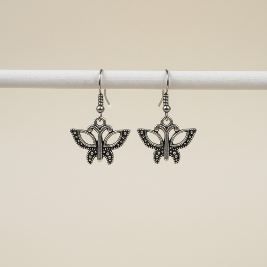 Vintage Oxidized Silver Butterfly Drop Earrings