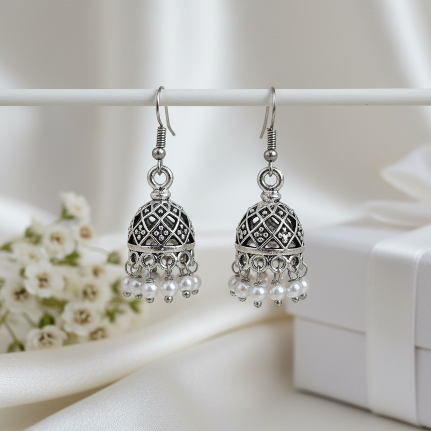 Classic Pearl Drop Jhumki Earrings | Antique Silver Finish Indian Ethnic Jewellry for Women