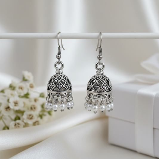 Classic Pearl Drop Jhumki Earrings | Antique Silver Finish Indian Ethnic Jewellry for Women