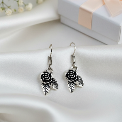 Oxidized Silver Rose and Leaf Drop Earrings