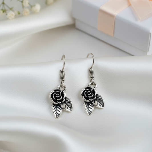 Oxidized Silver Rose and Leaf Drop Earrings
