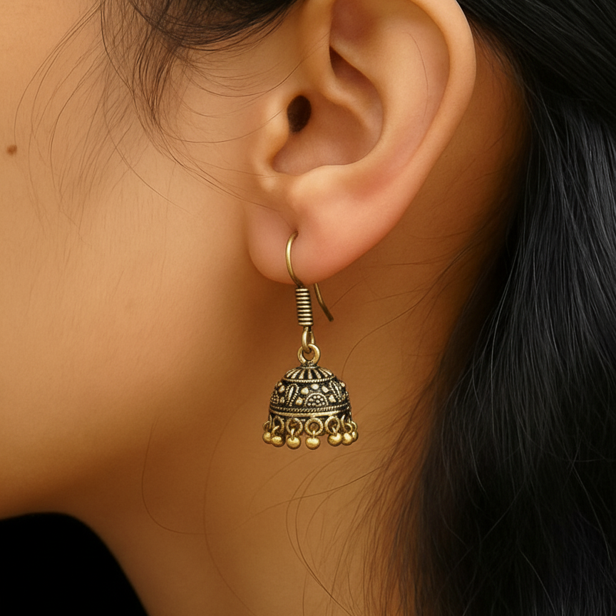 Antique Gold Toned Mini Jhumka Earrings - Traditional Indian Ethnic Dangler with Ghungroo Bells