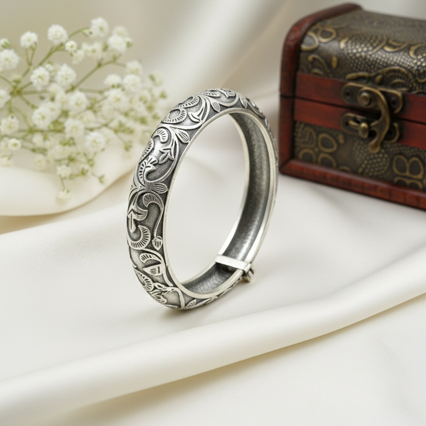 Oxidized Openable Floral Art Bangle | Ethnic Etched Bangle Kada