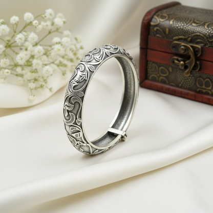 Oxidized Openable Floral Art Bangle | Ethnic Etched Bangle Kada