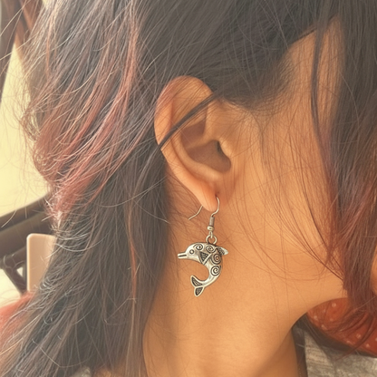 Playful Oxidized Silver Dolphin Dangle Earrings