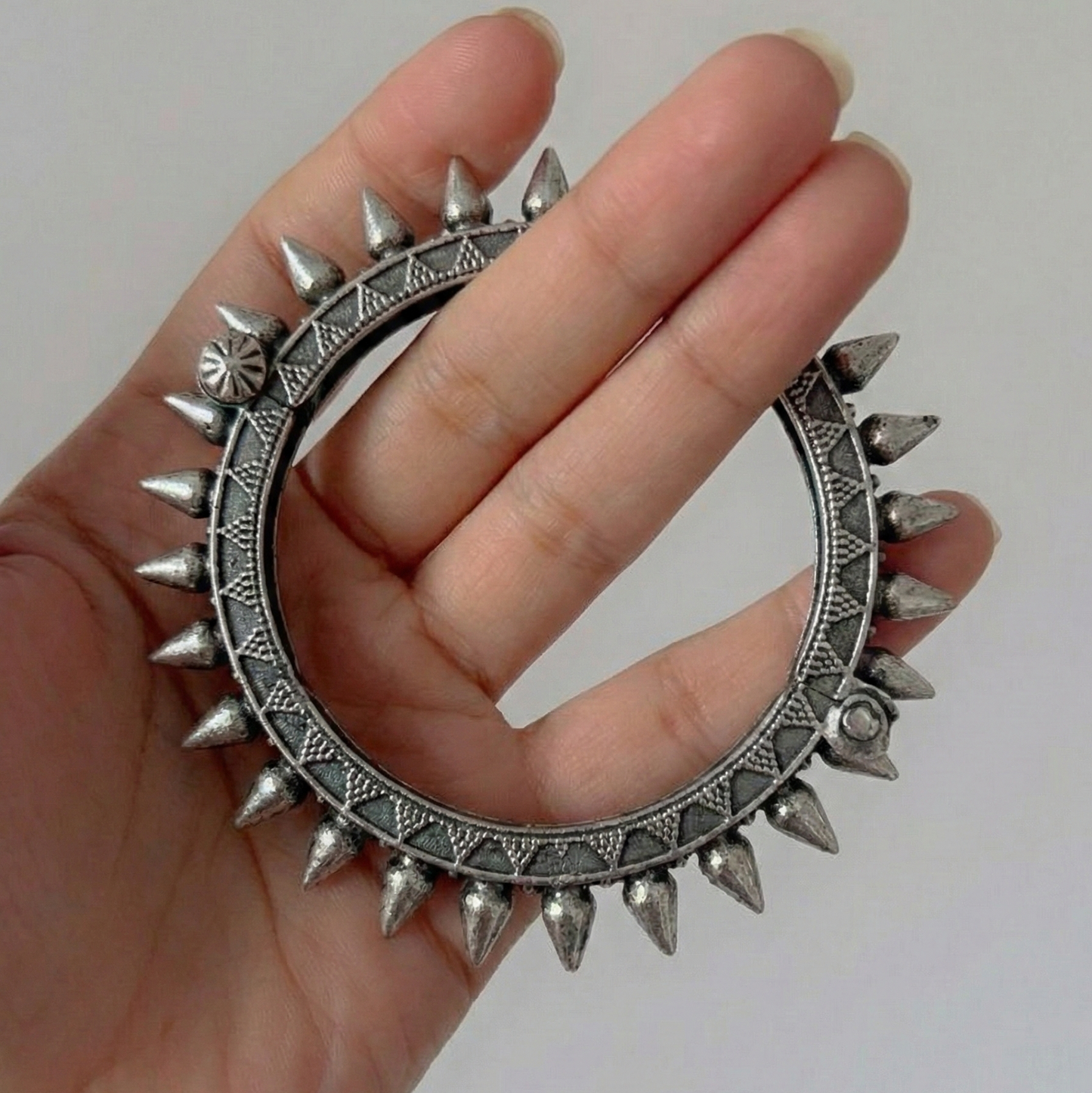 Oxidized Silver Spiked Adjustable Bangle | Punk Style Ethnic Kada