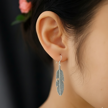 Oxidized Silver Feather Earrings | Long Boho Dangle Jewellry