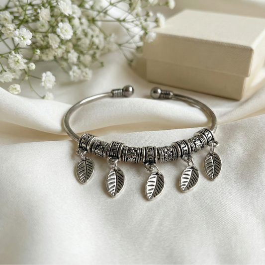 Silver Leaf Charm Open Cuff Bracelet - Adjustable Tribal Boho Dangle Kada for Women