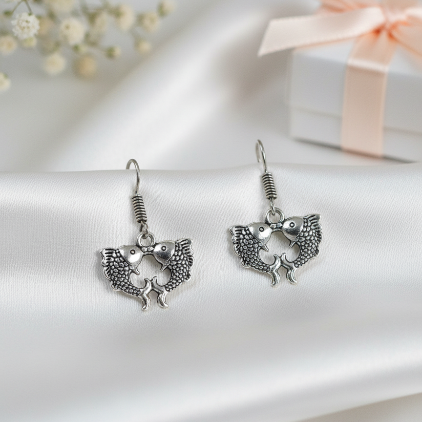 Handcrafted Oxidized Silver Fish Drop Earrings