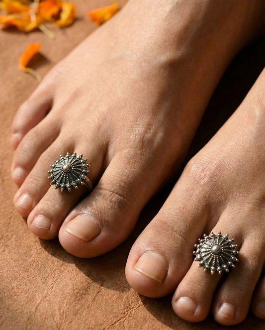 Vintage Hexagonal Floral Oxidized Toe Rings - Pair