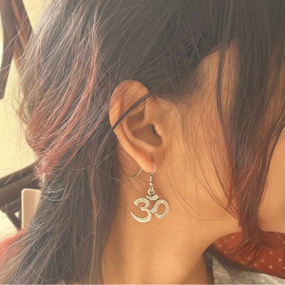 Oxidized Silver Om Symbol Dangler Earrings